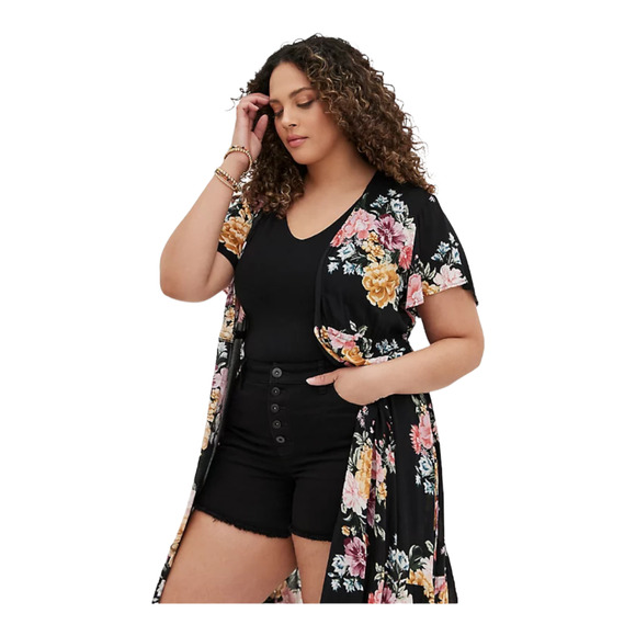 Torrid NWT Tie Waist Kimono Crepe Floral Black Open Front Sash Size 00X - Picture 3 of 10